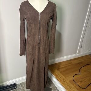 Brown Faux Suede Long Sleeve Maxi Dress Front Zipper Side Slits Sz S Boho Witchy